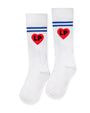 White socks with red hearts and 'LP' initials on a white background