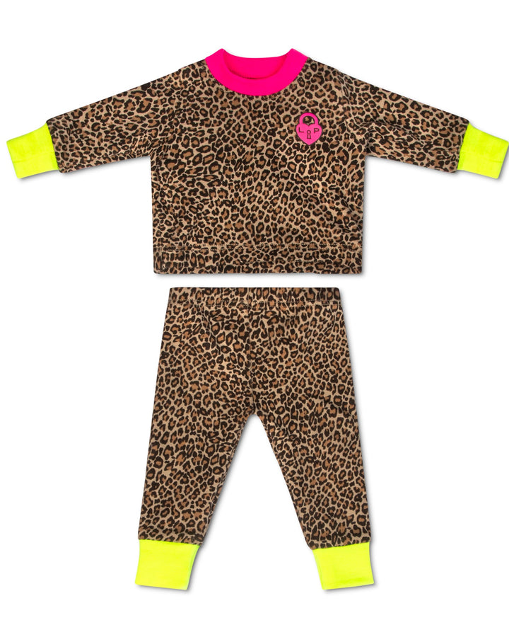 Dolls pajama set with leopard print and pink accents on a white background