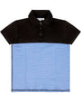 Black and blue striped polo shirt on a white background