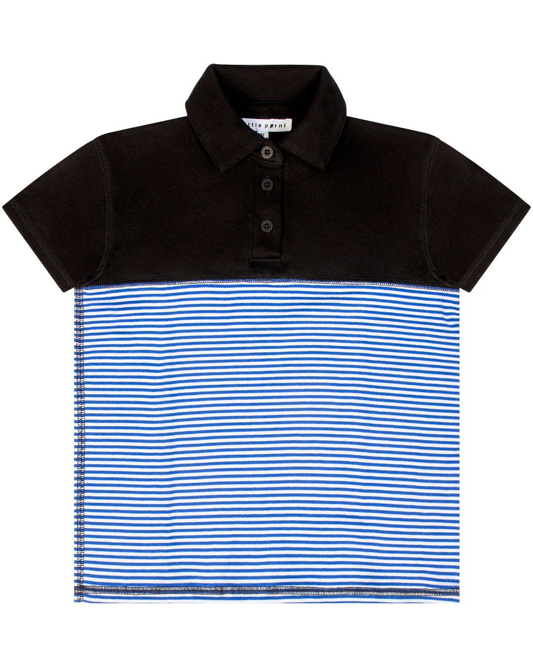 Black and blue striped polo shirt on a white background