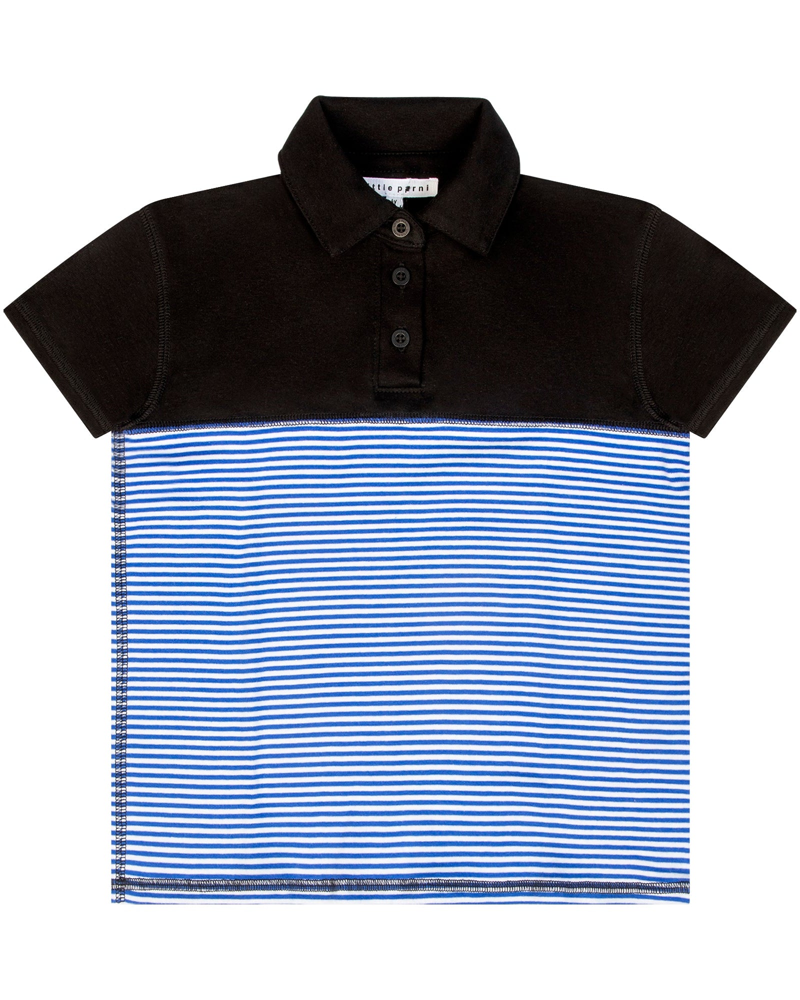 Black and blue striped polo shirt on a white background