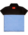 back of the Black and blue striped polo shirt with a red logo on the back, against a white background