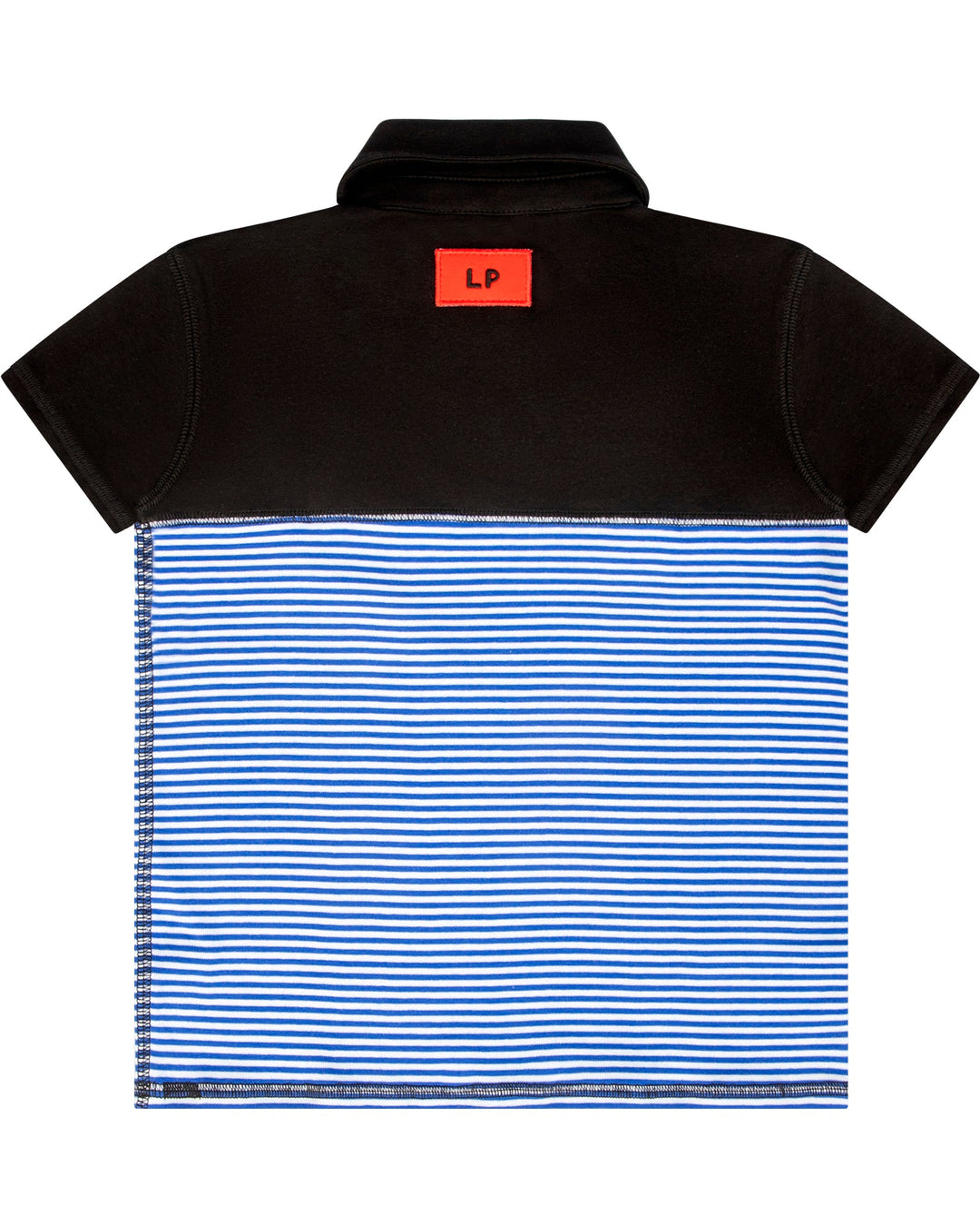 back of the Black and blue striped polo shirt with a red logo on the back, against a white background