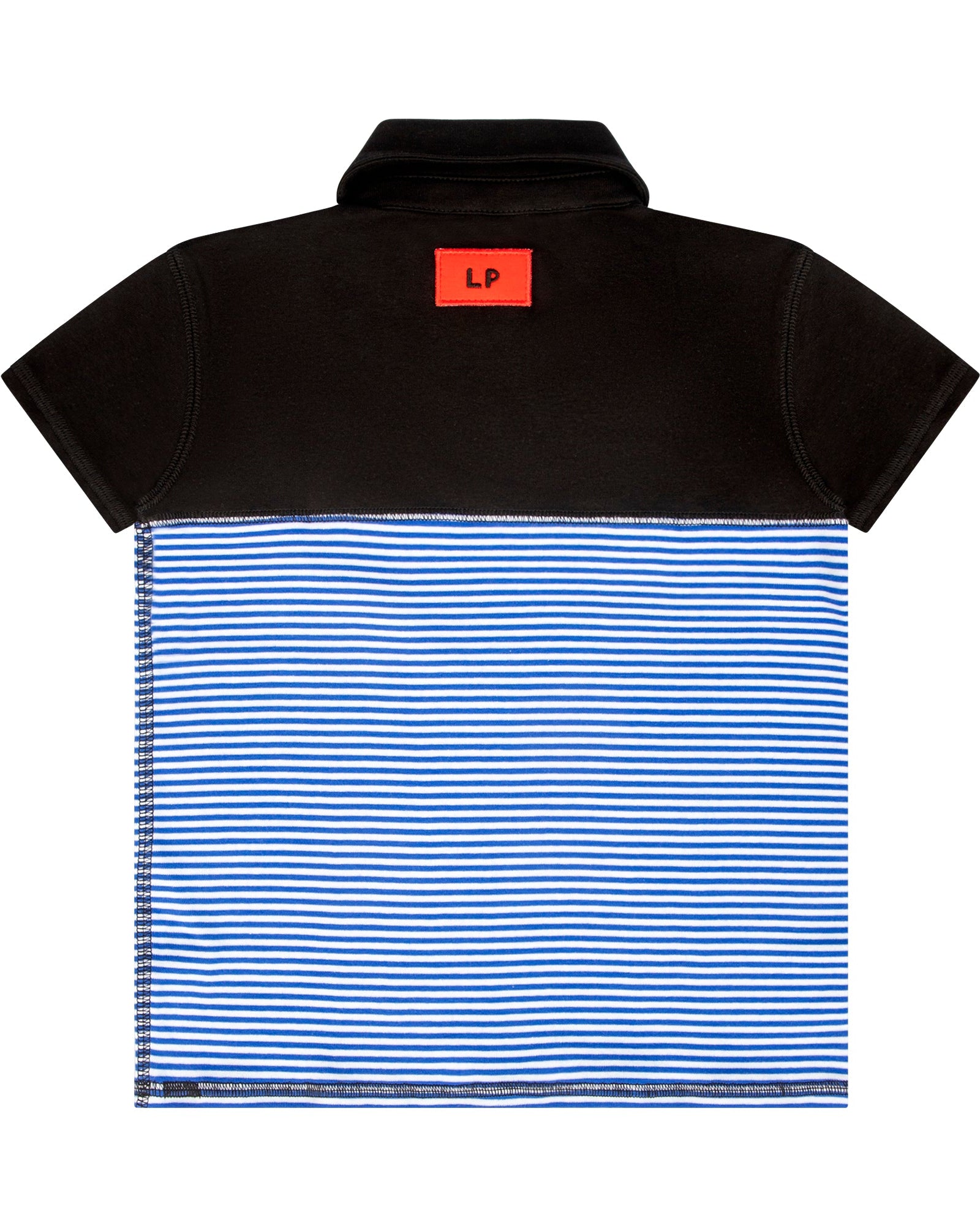 back of the Black and blue striped polo shirt with a red logo on the back, against a white background