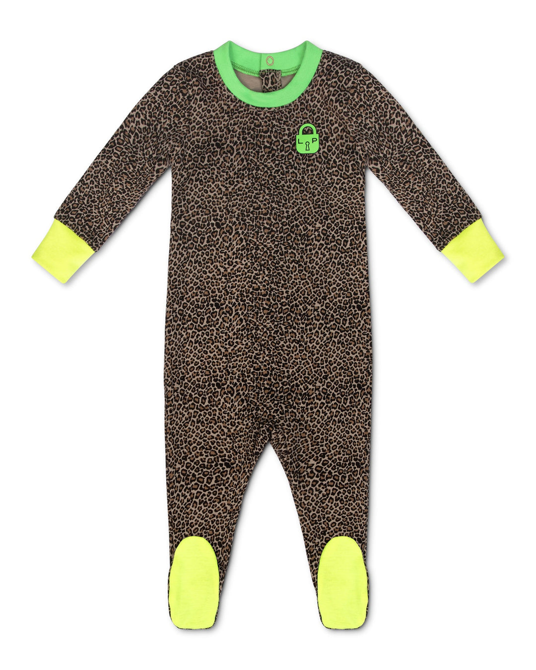 Children's onesie with leopard print and green accents on a white background