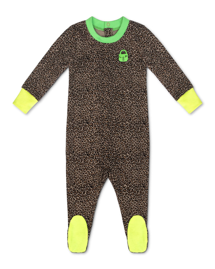 Children's onesie with leopard print and green accents on a white background