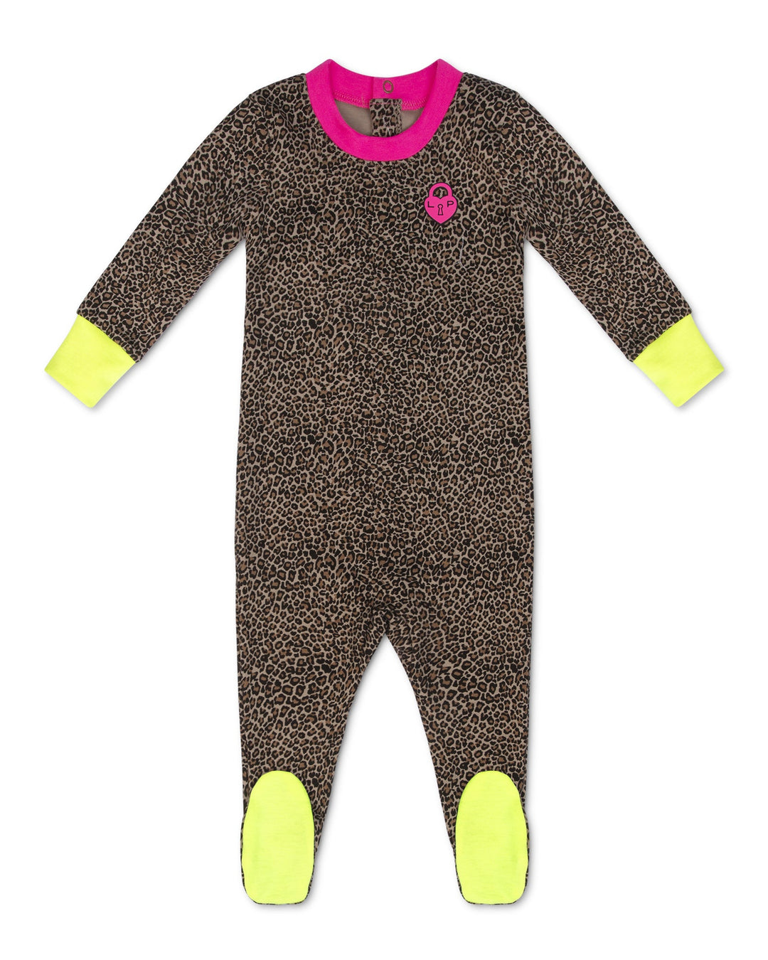 Children's onesie with leopard print pattern and bright yellow cuffs and feet on a white background