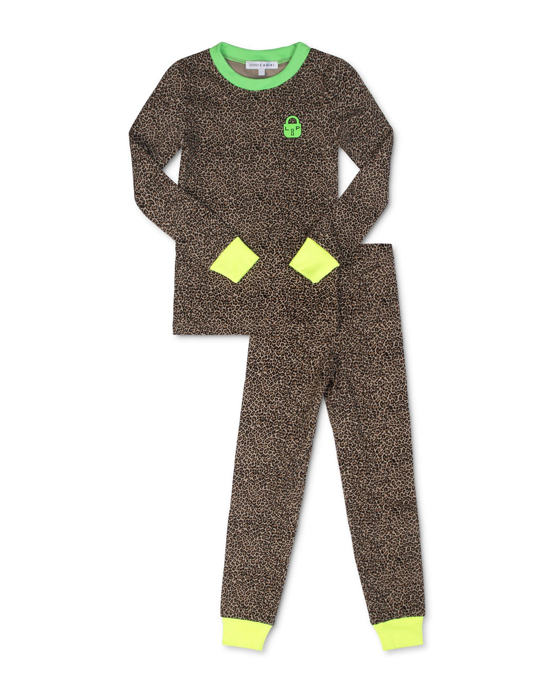 Children's pajama set with brown pattern, green accents, and a green tag on a white background