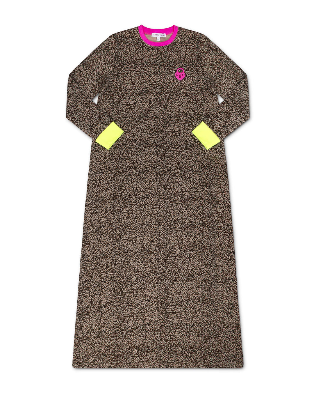 Brown patterned dress with yellow patches on a white background