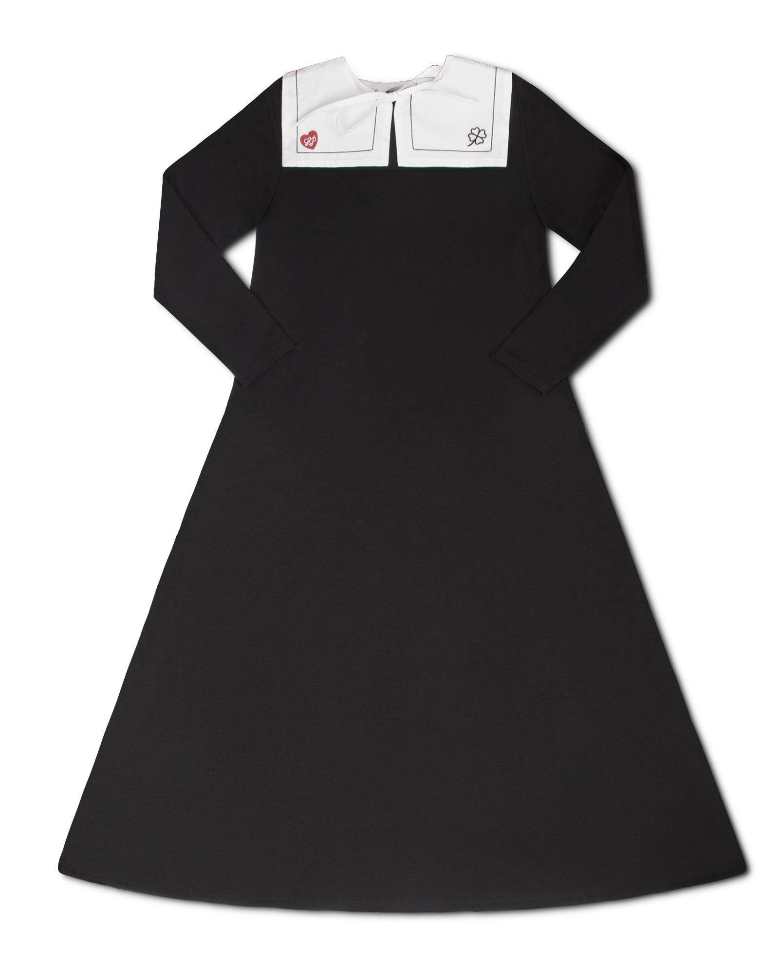 Black dress with white collar on a white background