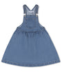 Blue denim dress with straps on a white background