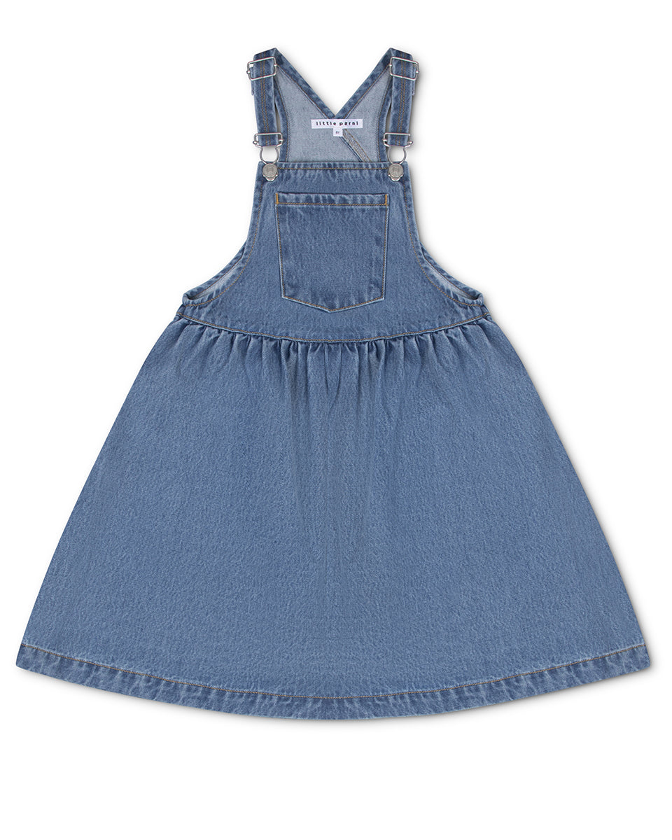 Blue denim dress with straps on a white background