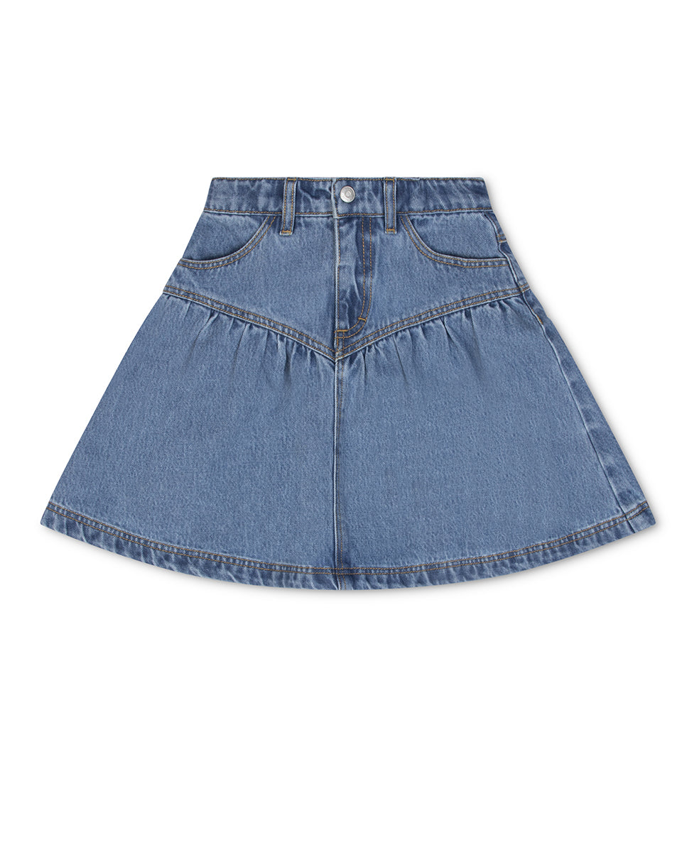Blue denim skirt on a white background