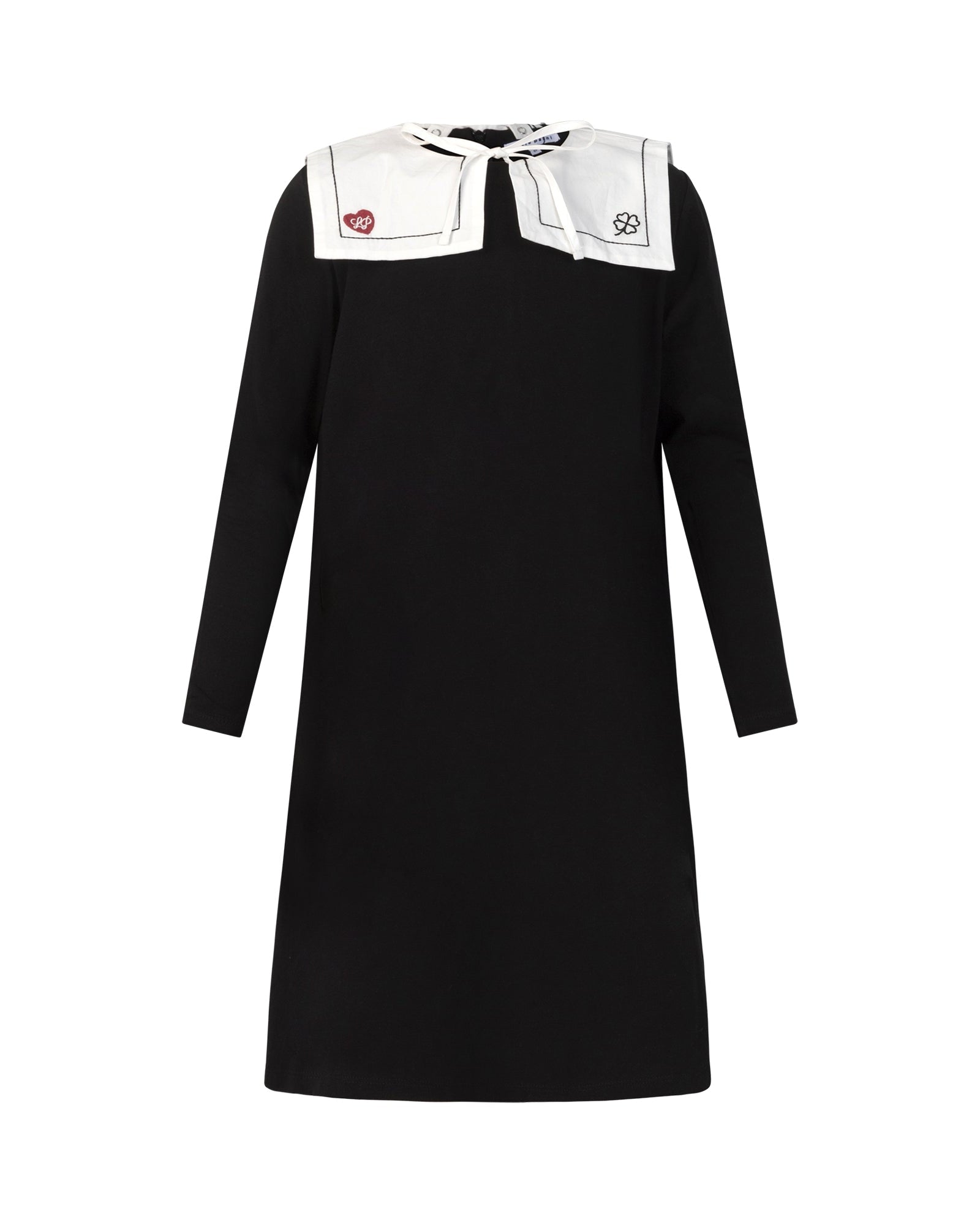 Black dress with white collar and red flower on a white background