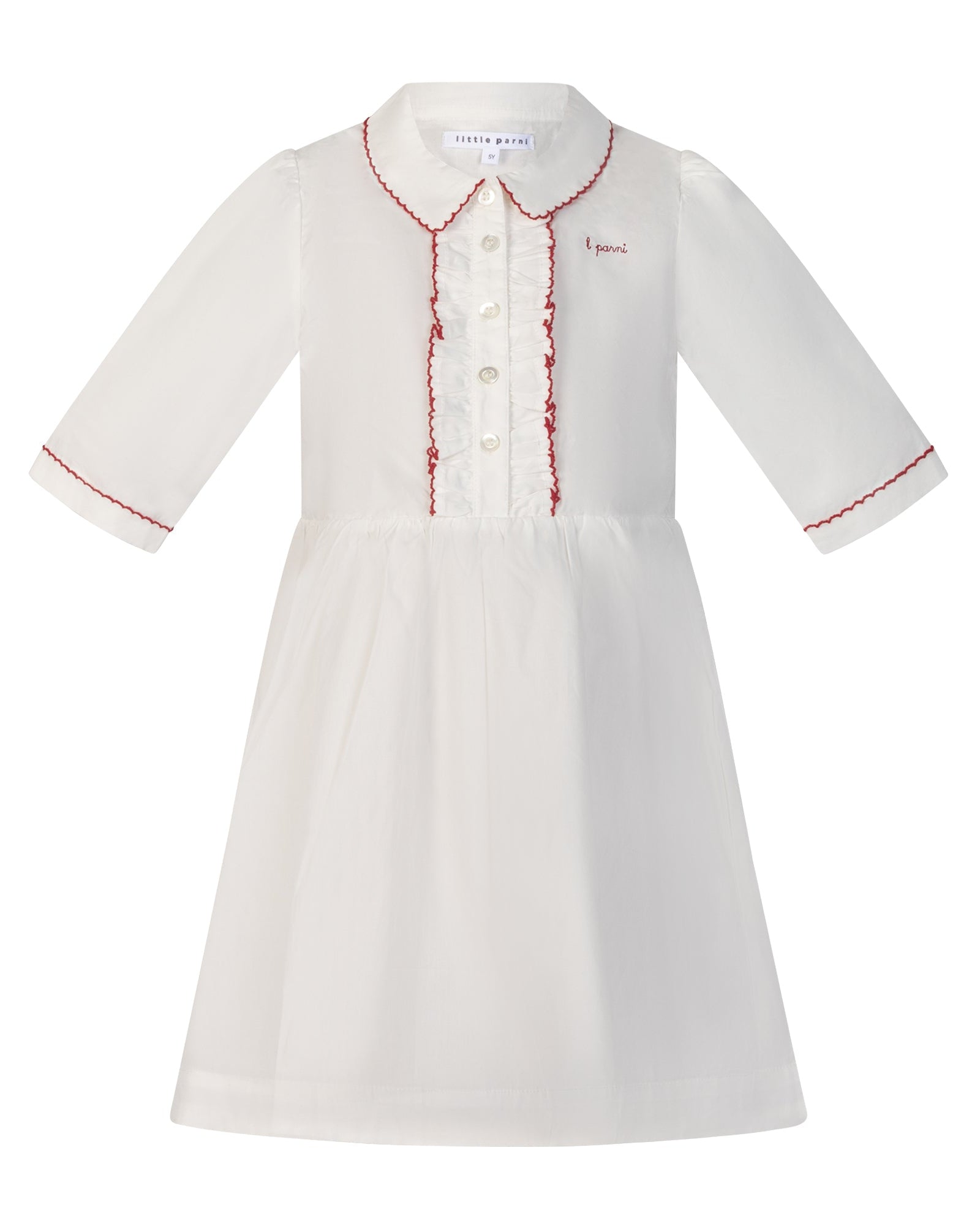 White dress with red trim on a white background