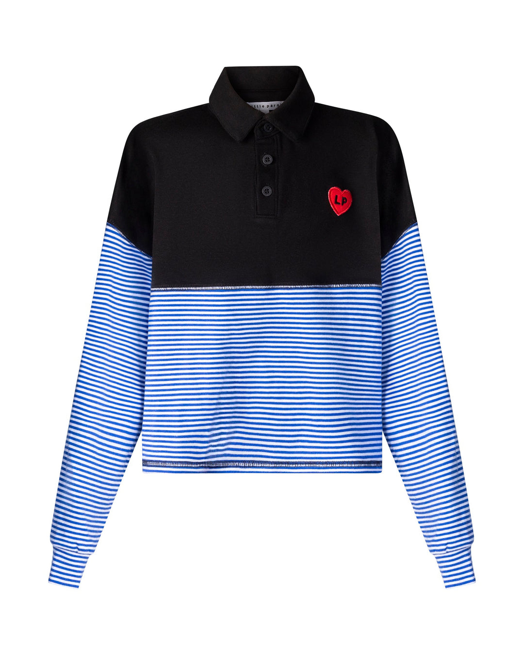 Black and blue striped shirt with a red heart logo on a white background