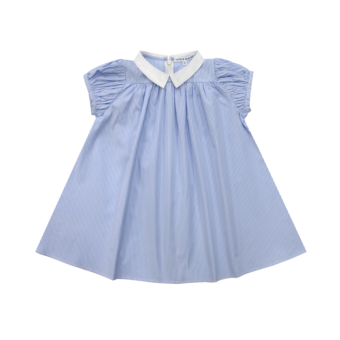 Blue and white striped empire waist dress with peter pan collar