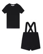 Black t-shirt and black shorts with suspenders on a white background