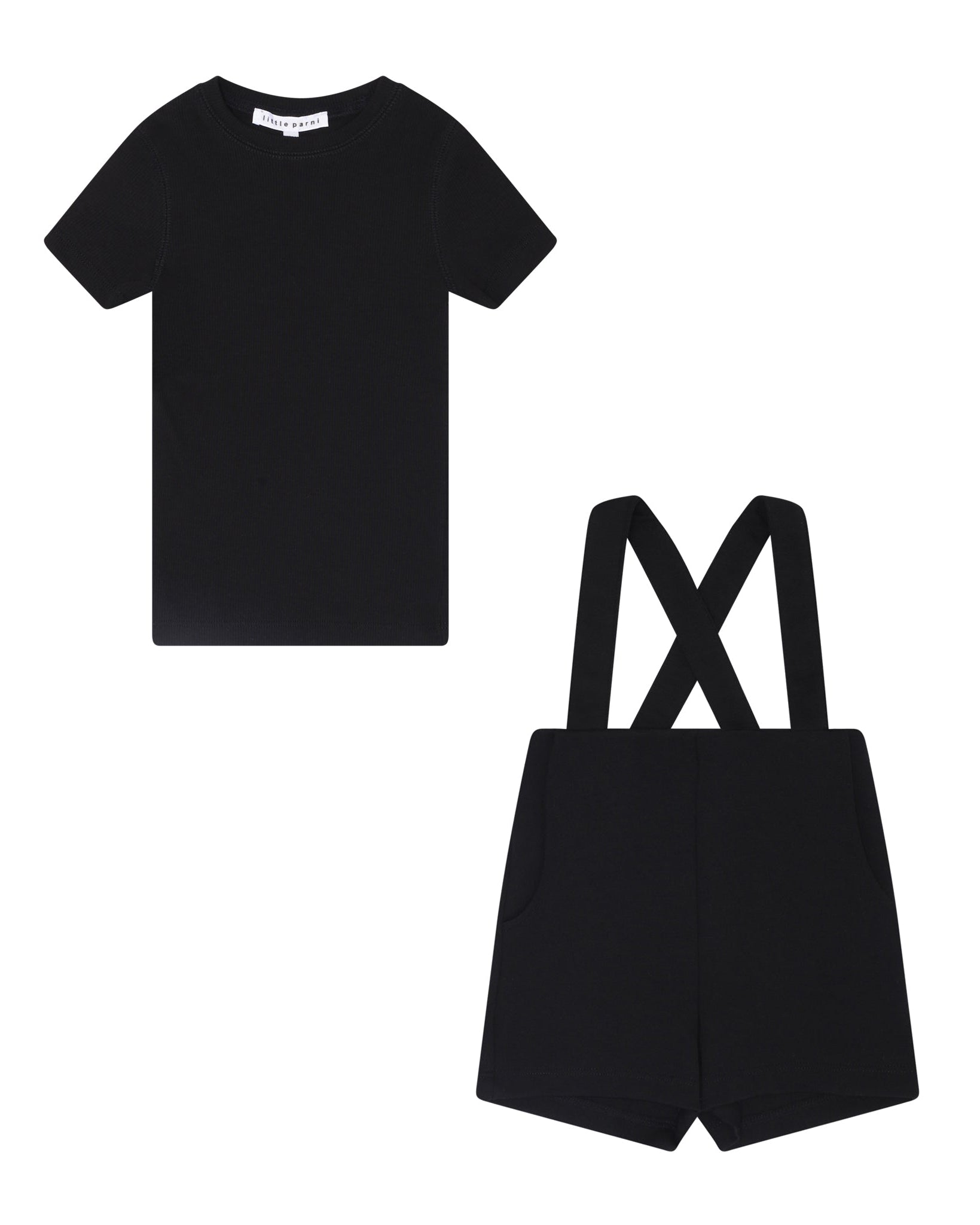Black t-shirt and black shorts with suspenders on a white background
