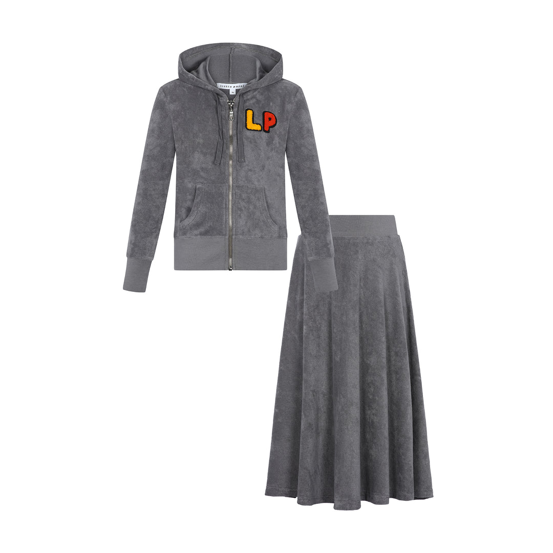 Girls French Terry Zip-Up Hoodie and Skirt Set Grey.