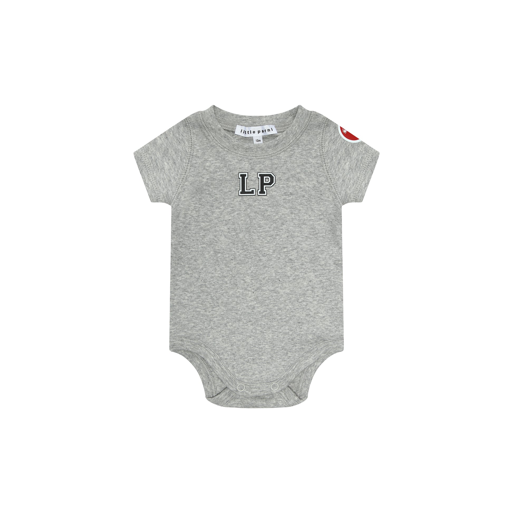 Product shot of the grey LP Est. 17 Baby Bodysuit.