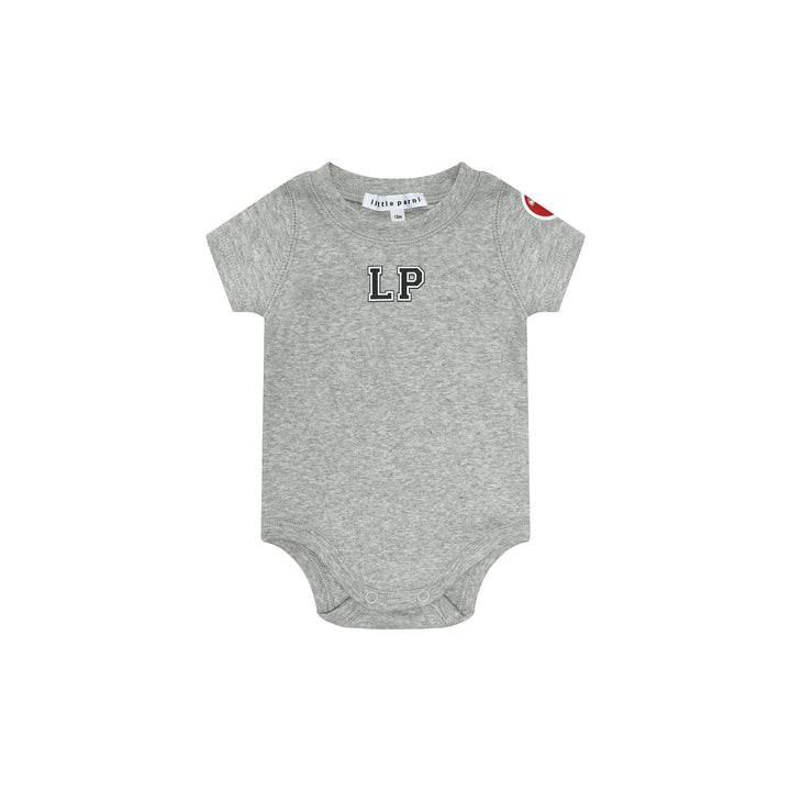 Product shot of the grey LP Est. 17 Baby Bodysuit.