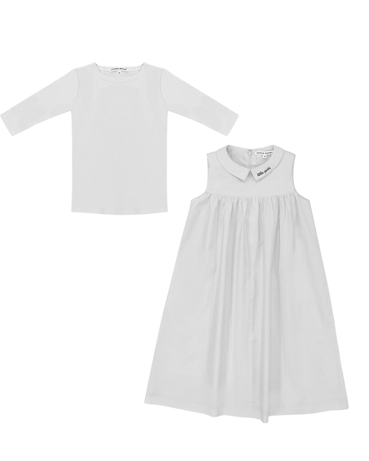 Girls Sleeveless Collared Dress and T-Shirt Set in White.