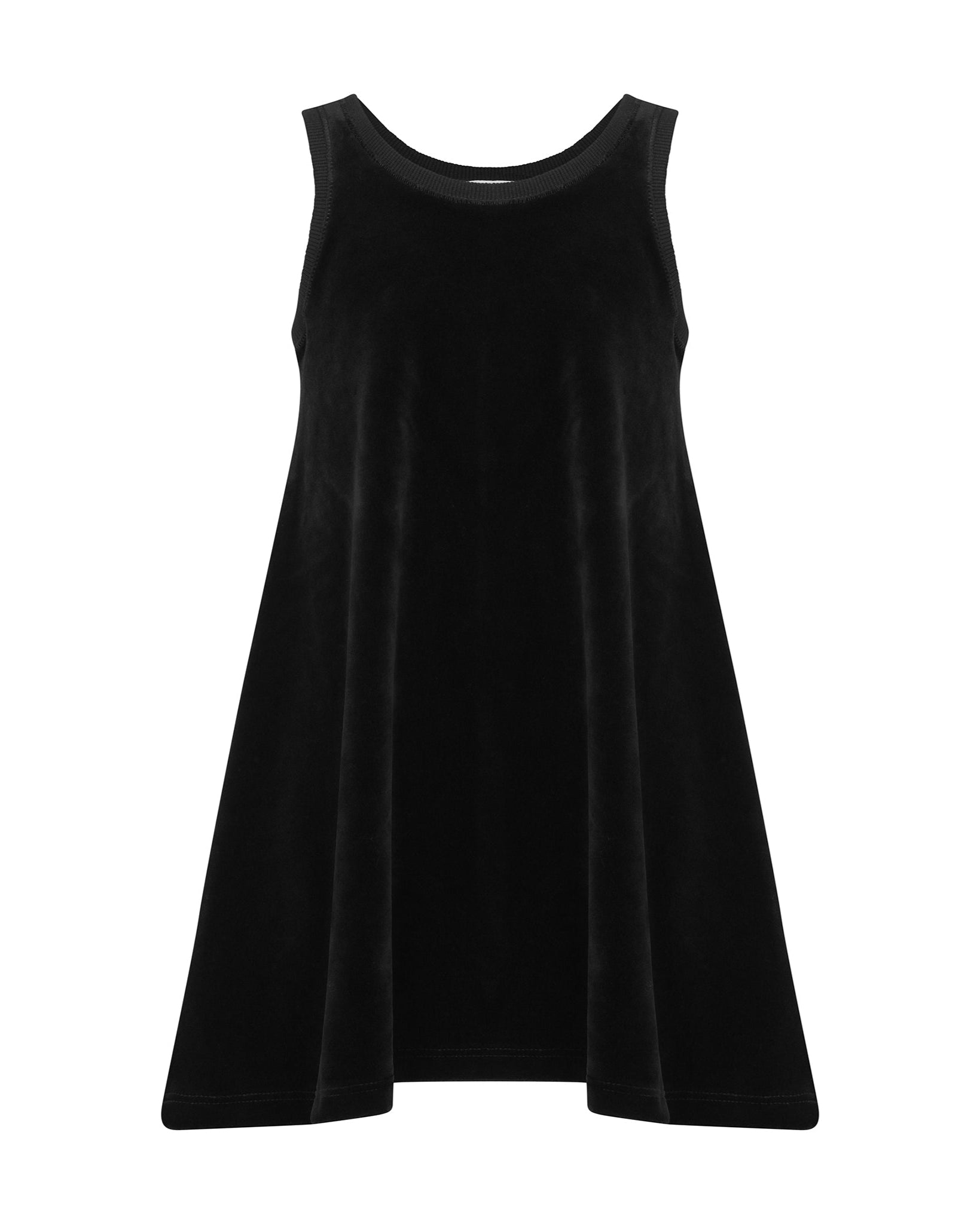 Black sleeveless dress on a white background.