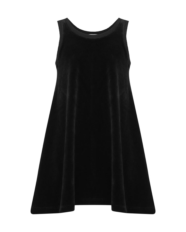 Black sleeveless dress on a white background.