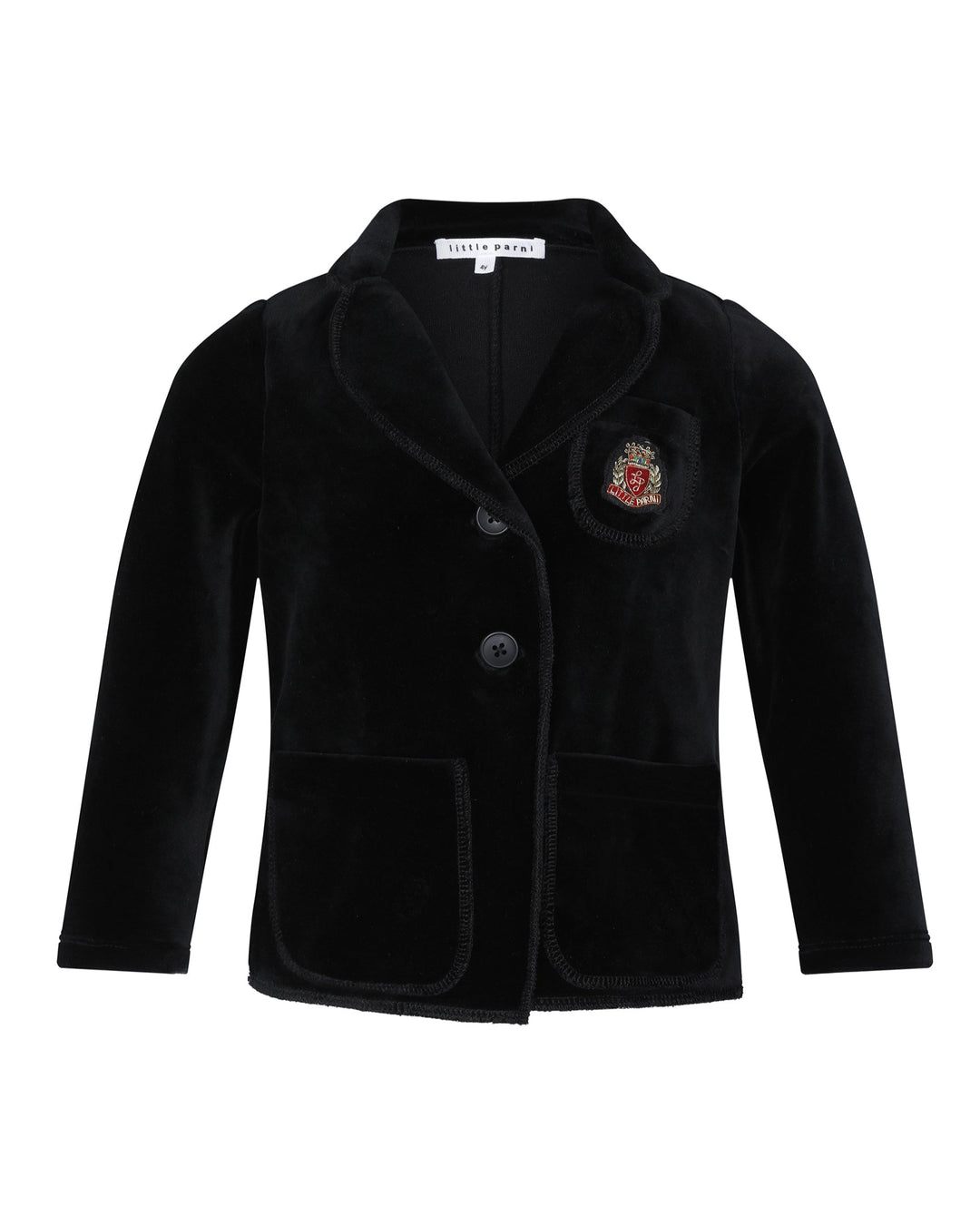 Black Velour blazer with a crest on a white background.