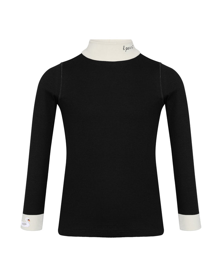 Black long-sleeve shirt with white collar and cuffs on a white background.