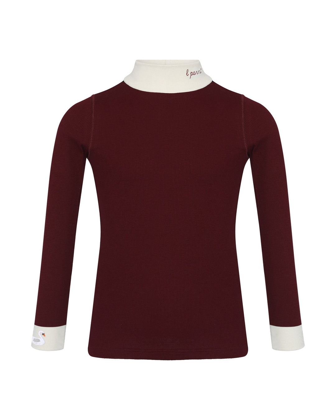 Maroon long-sleeve shirt with white collar and cuffs on a white background.
