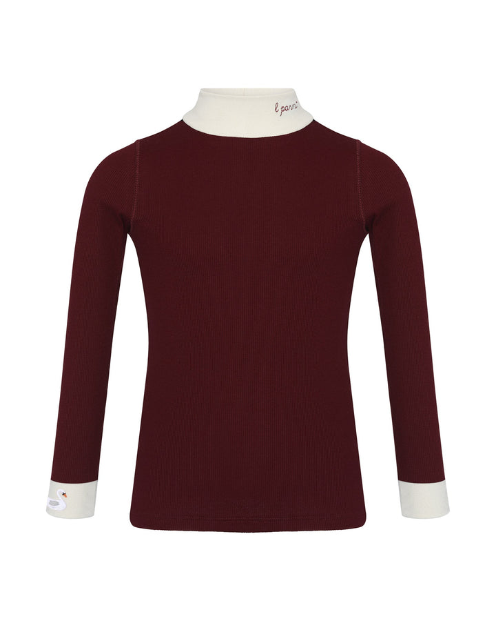 Maroon long-sleeve shirt with white collar and cuffs on a white background.
