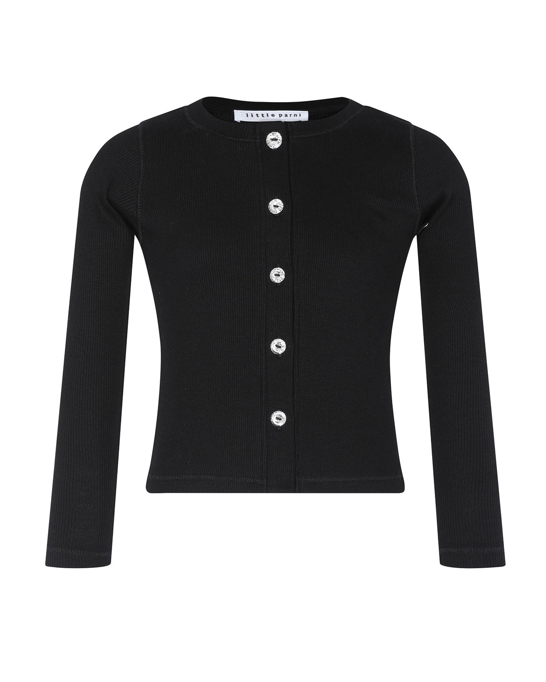Black cardigan with button details on a white background