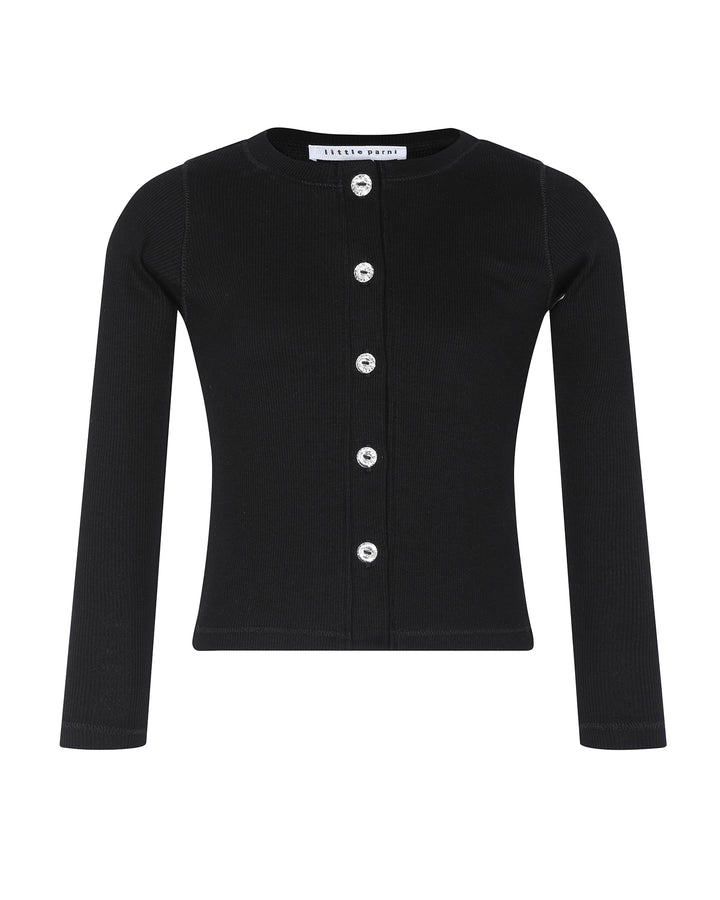Black cardigan with button details on a white background