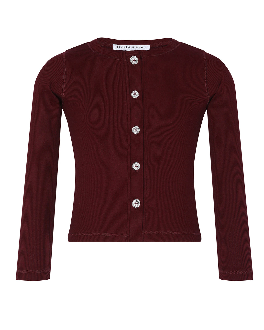 Maroon cardigan with silver buttons on a white background