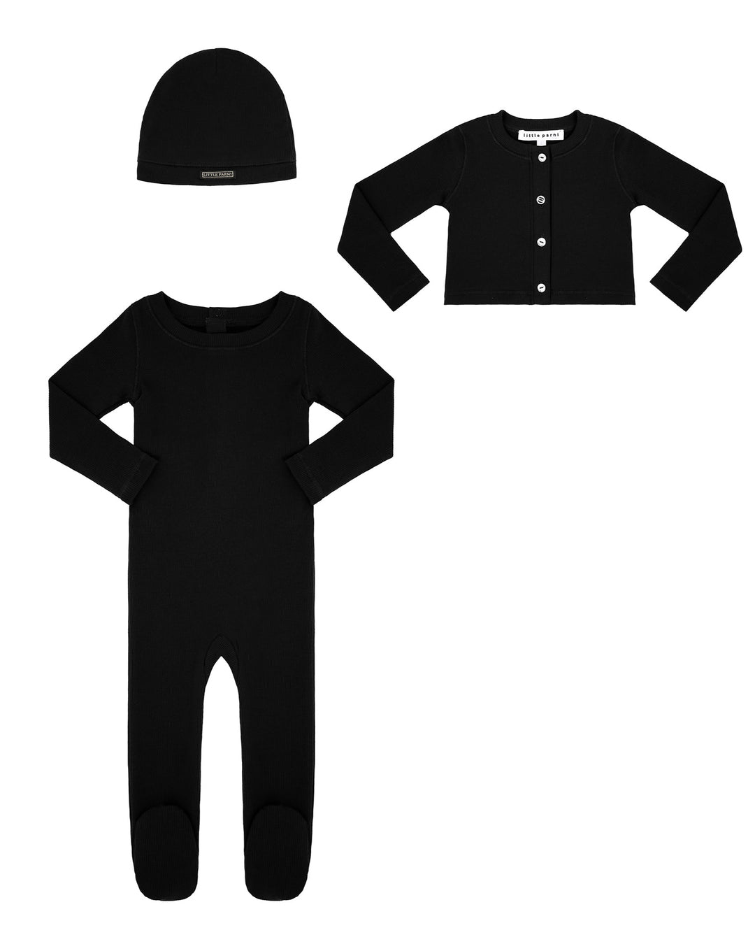 Black baby onesie, cardigan, and beanie set on a white background.
