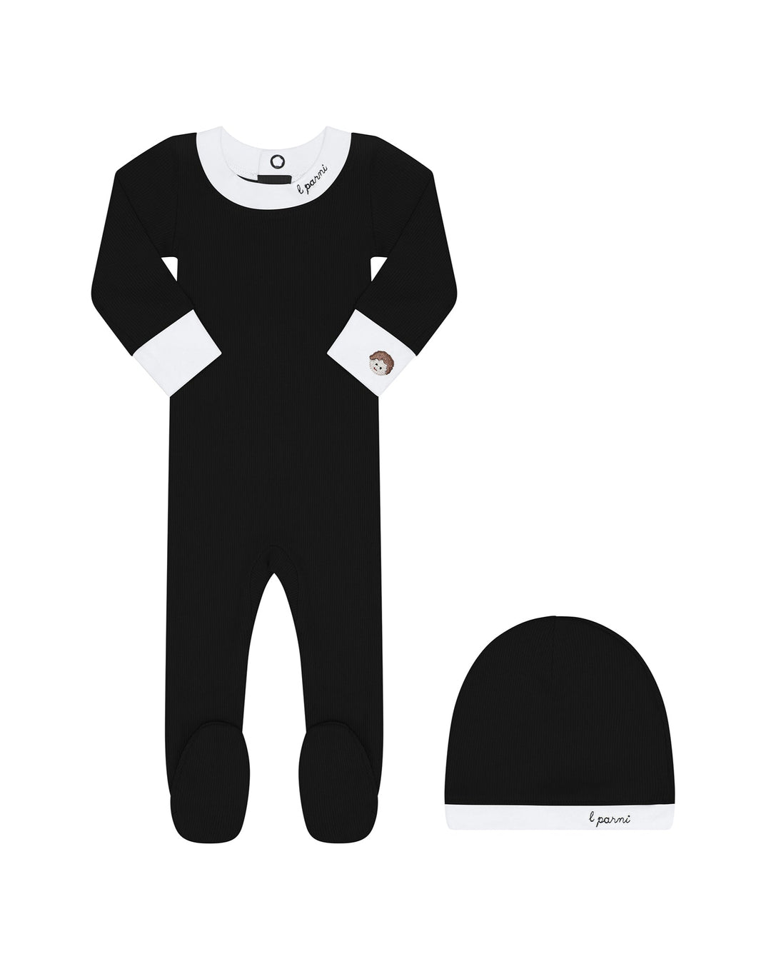 Black baby onesie with white accents and matching hat on a white background
