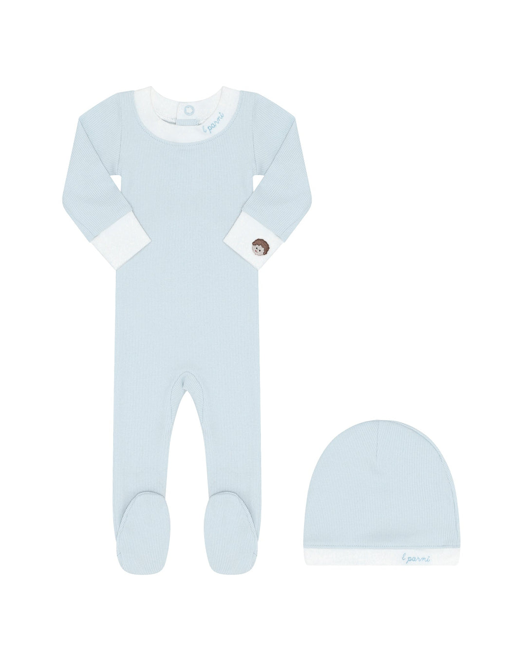 Baby blue onesie with matching hat on a white background