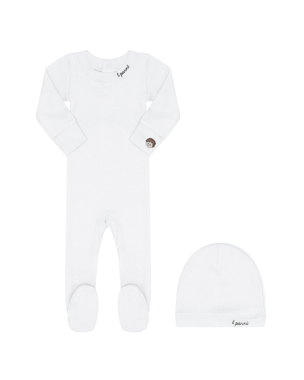 White baby onesie and hat set on a white background