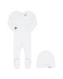 White baby onesie with footies and matching hat on a white background