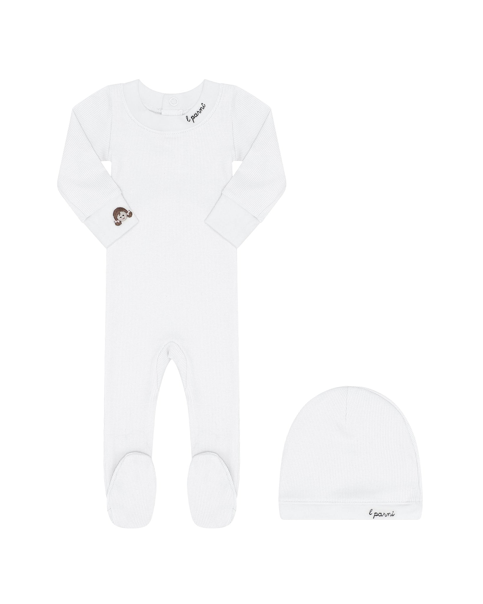 White baby onesie with footies and matching hat on a white background