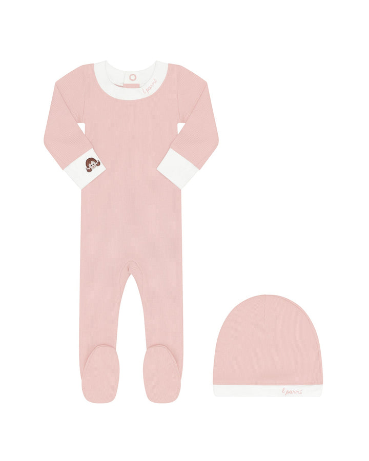 Pink baby onesie with white trim and matching hat on a white background