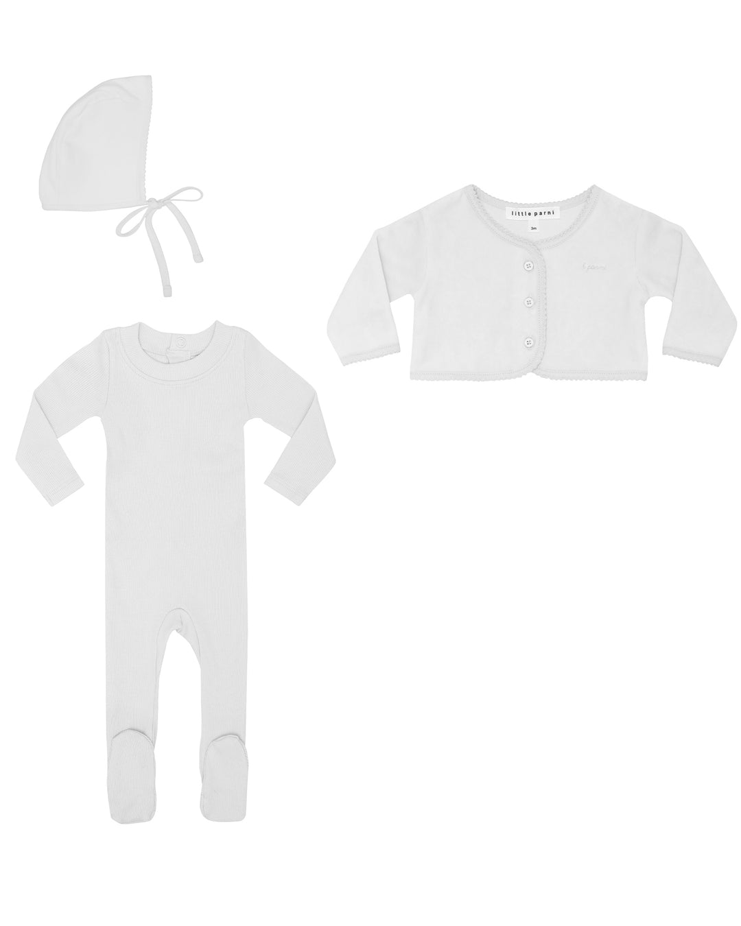 White baby outfit set with onesie, cardigan, and bonnet on a white background