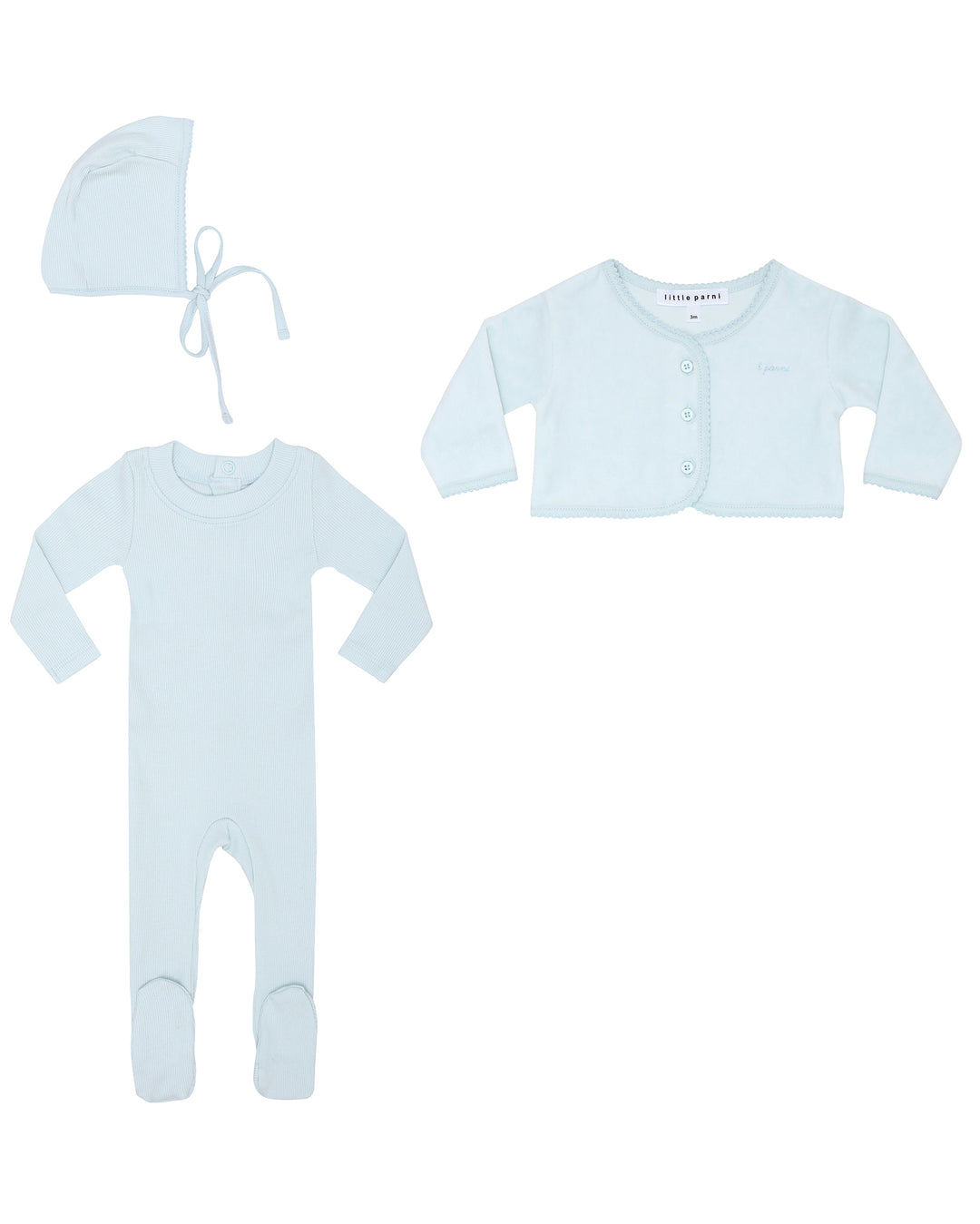 Baby blue outfit set with onesie, cardigan, and bonnet on a white background