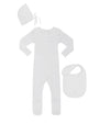 White baby onesie with bonnet and bib on a white background