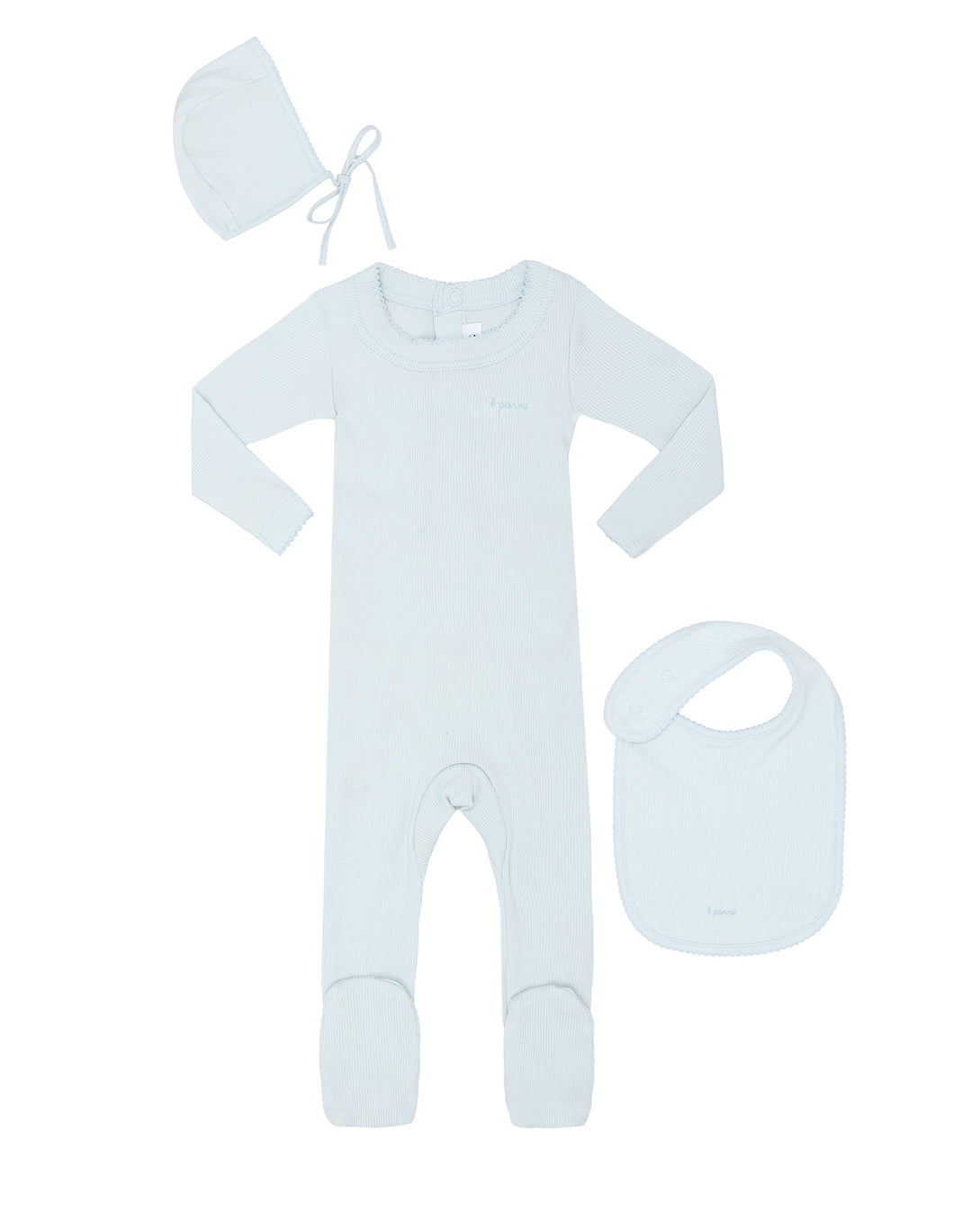 Baby outfit set with onesie, bonnet, and bib on a white background