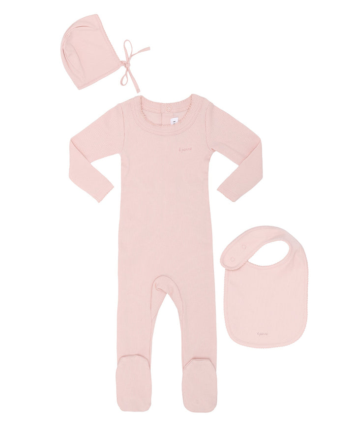 Pink baby onesie, bonnet, and bib set on a white background