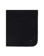 Black fabric swatch with a brand logo on a white background