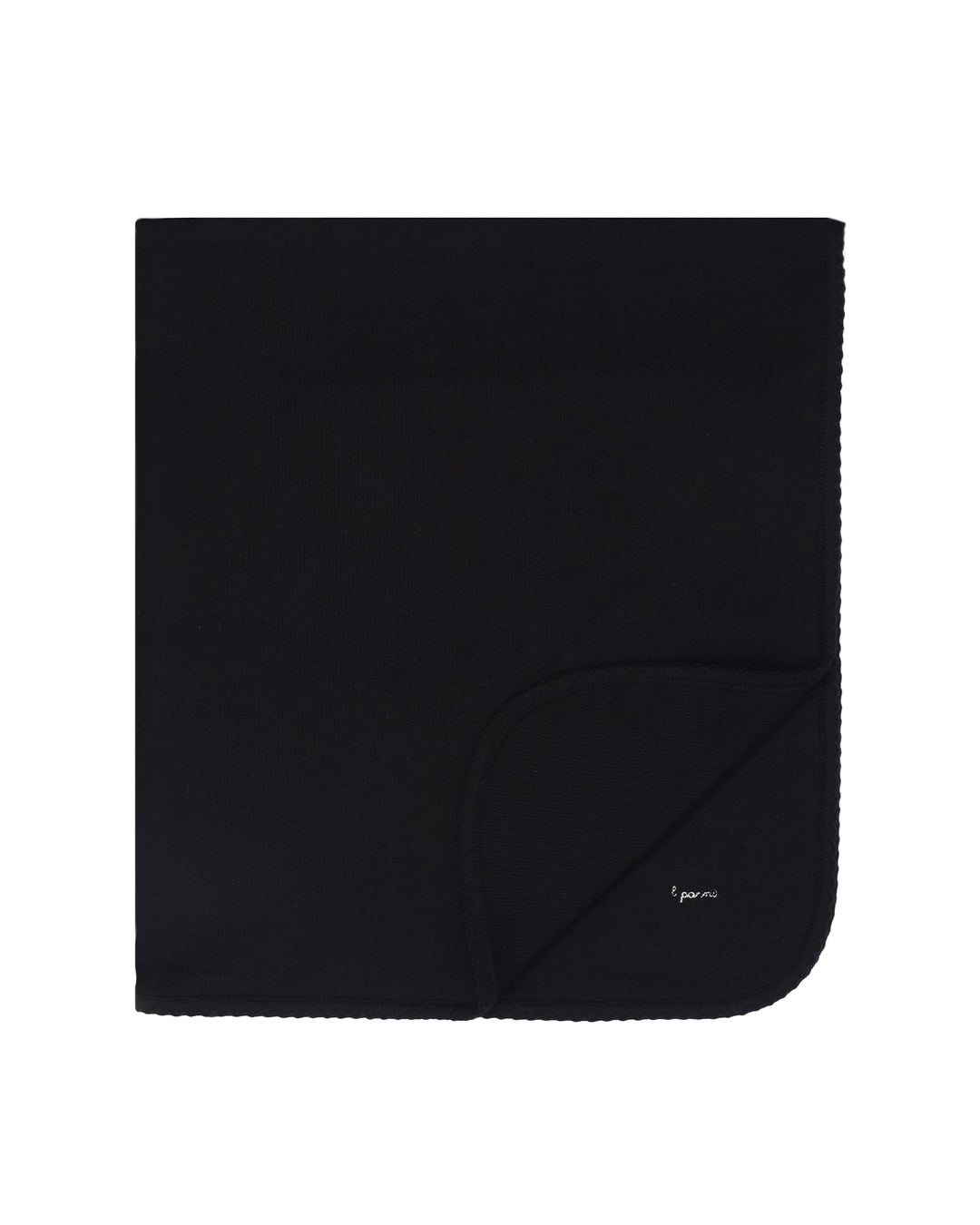 Black fabric swatch with a brand logo on a white background